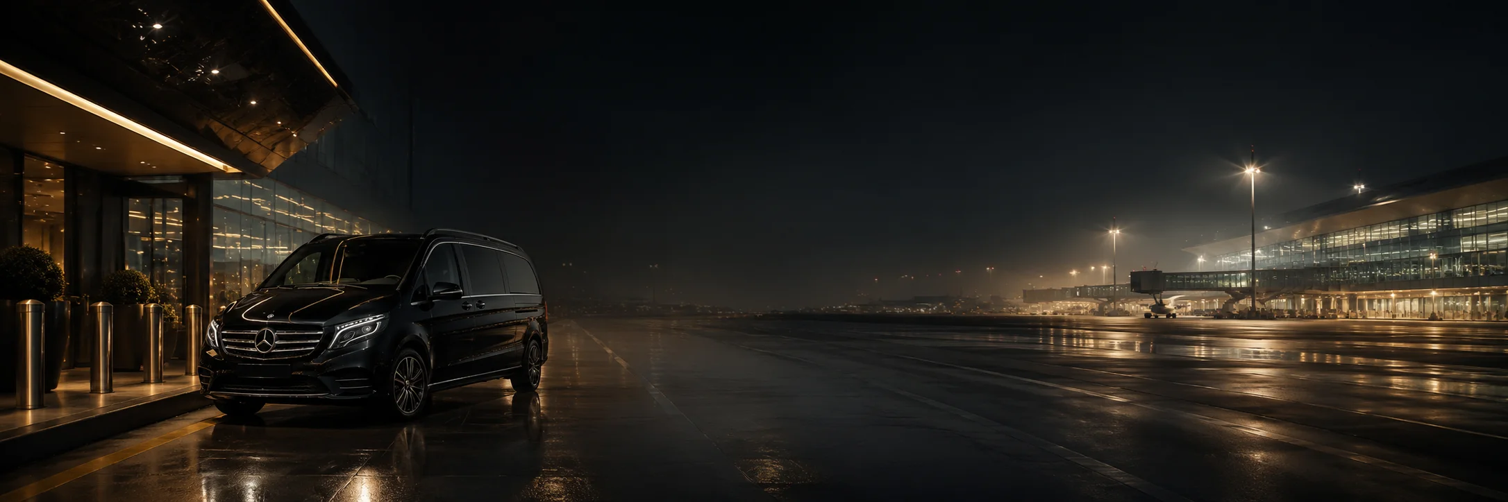 Luxury car waiting at a modern airport terminal at night