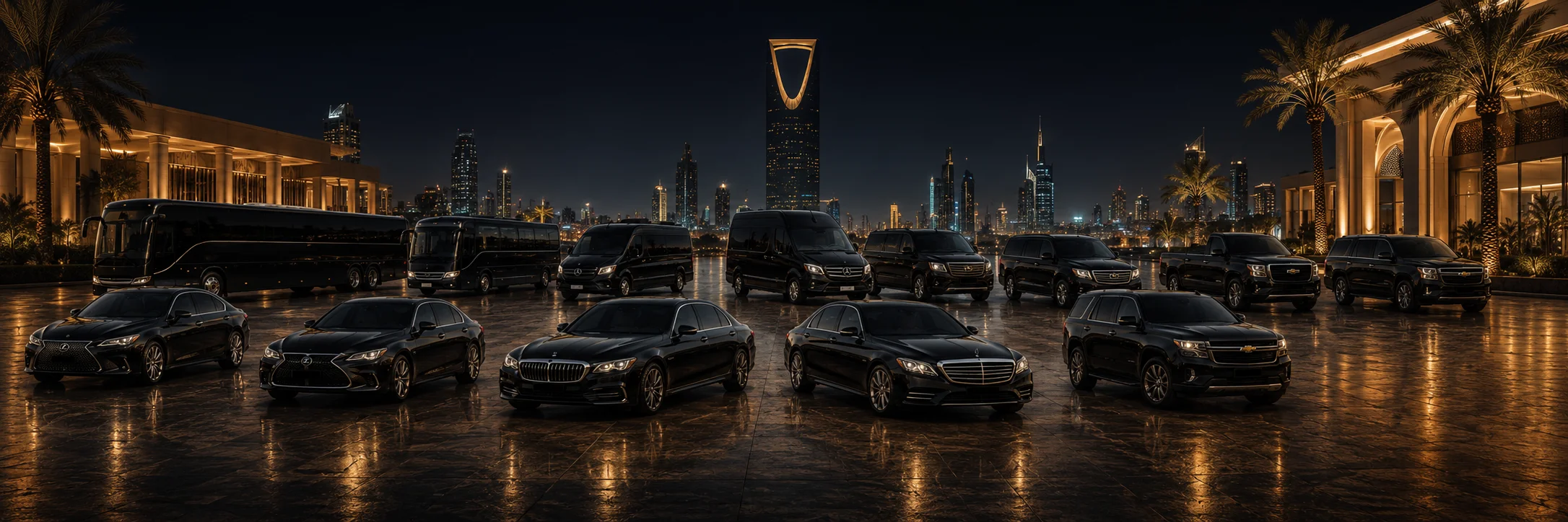 Golden Line luxury fleet parked outside KAFD Riyadh